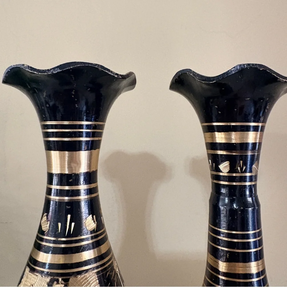 Pair of Vintage Indian Brass Vases - Black Enamel with Hand Etched Design